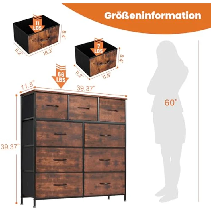 Sweetcrispy Kommode für Schlafzimmer, breite Schublade Kommode, 9 Stoffschubladen mit Griffen, Schubladen aus Stoff, Schrank, TV Stand für Schlafzimmer, Schrank, Wohnzimmer, Kinderzimmer – Bild 4