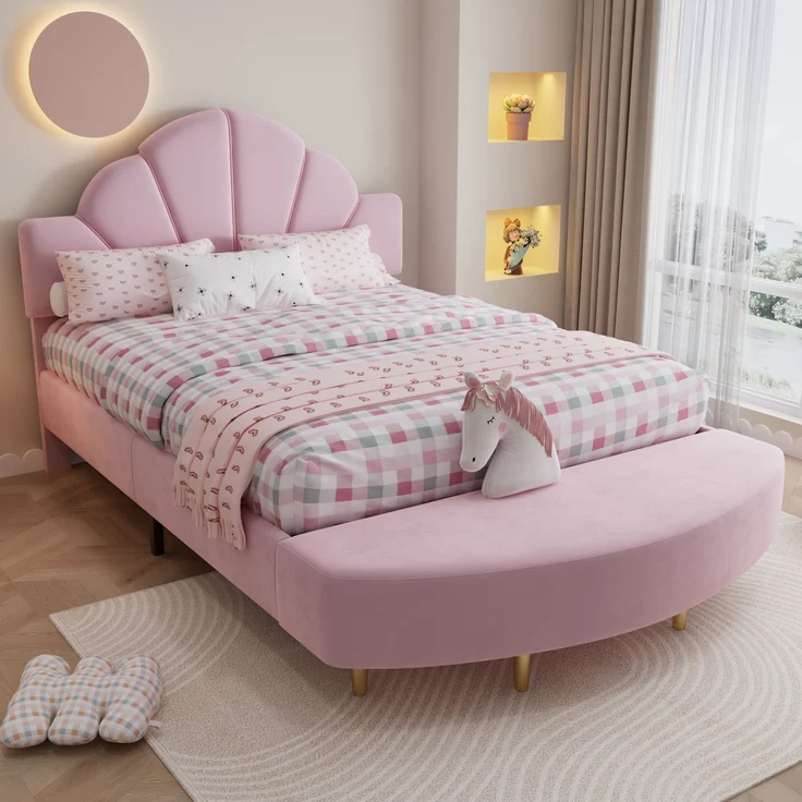 Merax Polsterbett, 140x200cm Doppelbett Samtkopfteil, Mit einer Bettbank in gleicher Farbe, Weiche Antikollisions-Schwammkante, Stabiler Bettrahmen, Rosa – Bild 1