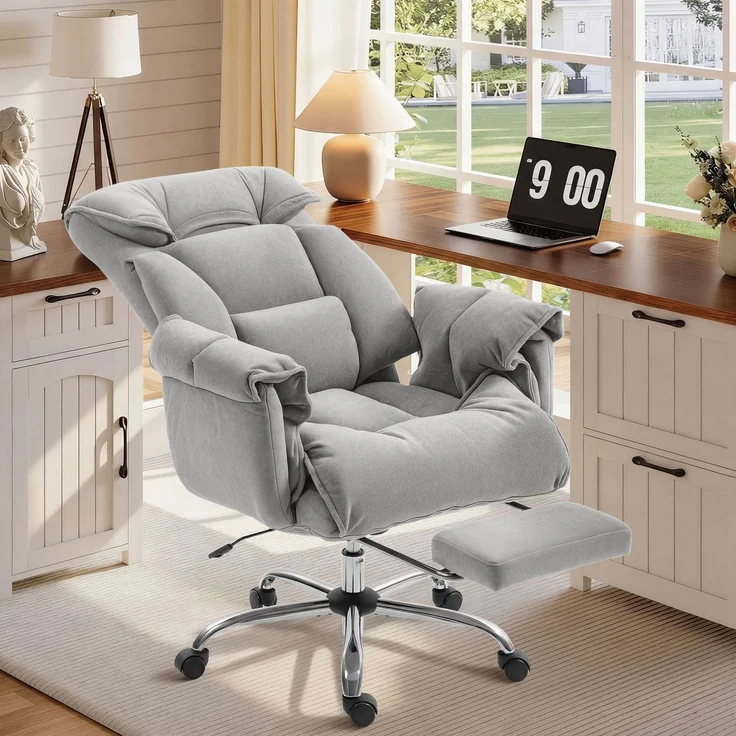Wohnora-Bürostuhl Neigbar Höhenverstellbar Schreibtischstuhl mit Armlehne Fußstütze hoher Rückenlehne 75 x 77 x 110-118 cm Grau,H 1180cm x T 770cm x B 660cm,Hellgrau – Bild 3