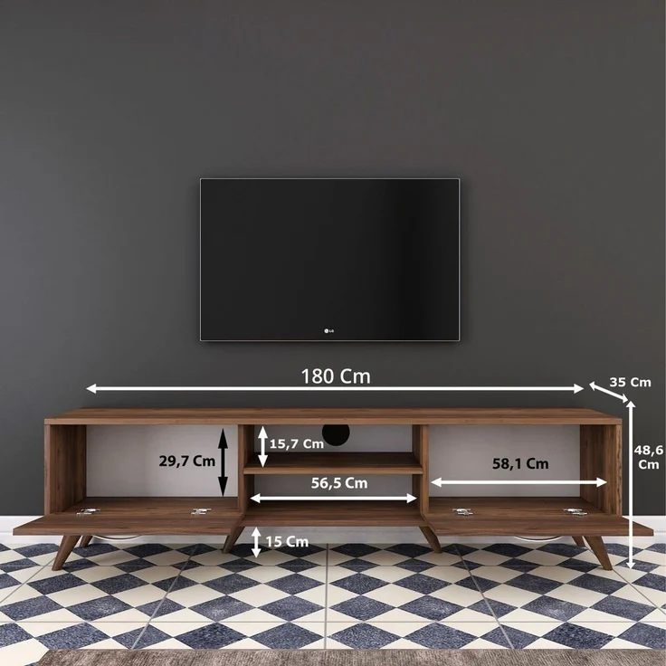 Calicosy TV-Möbel, 2 Klapptüren, 2 offene Fächer in der Mitte Dekor Walnussholz B180 cm - Dunkles Holz – Bild 3