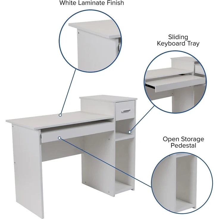 Flash Furniture Highland Park Computertisch mit Regalböden und Schubladen, Weiß – Bild 8