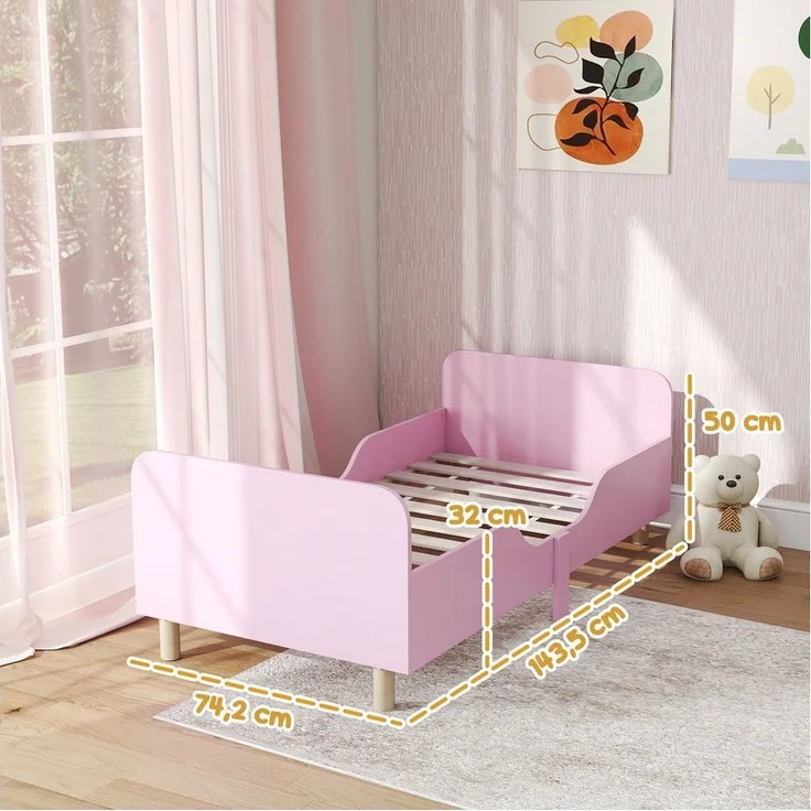 AIYAPLAY Kinderbett mit Rausfallschutz, Lattenrost, Kopf- und Fußteil (140x70 cm Jugendbett, 1-tlg, Einzelbett aus Holz), Holzbett für Mädchen und Jungen, Rosa – Bild 2