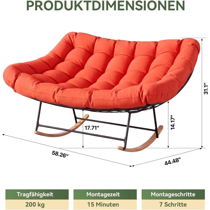 Aoxun Schaukelstuhl Outdoor,Ergonomischer Schaukelsessel für Indoor, Relaxsessel Garten,Balkon Sessel,148x113x79cm,Wetterfester Gartenstuhl Bequem,bis 200KG,Rot – Bild 2