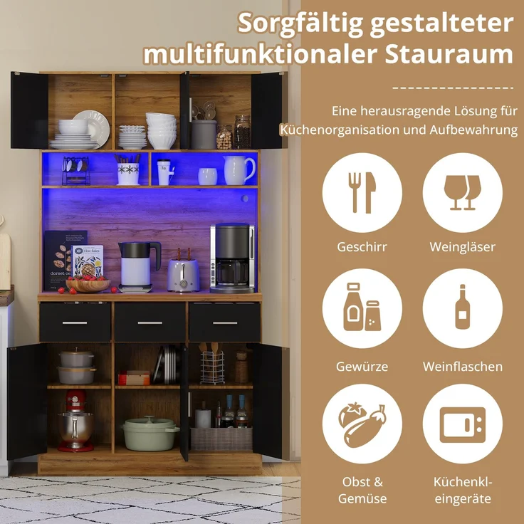 100x40x180cm, multifunktionales Buffet mit LED-Beleuchtung mit APP-Steuerung, Schubladen, verstellbaren Einlegeböden, Kabelführungslöchern und Steckdosen, ideal für Küchen und Esszimmer – Bild 4