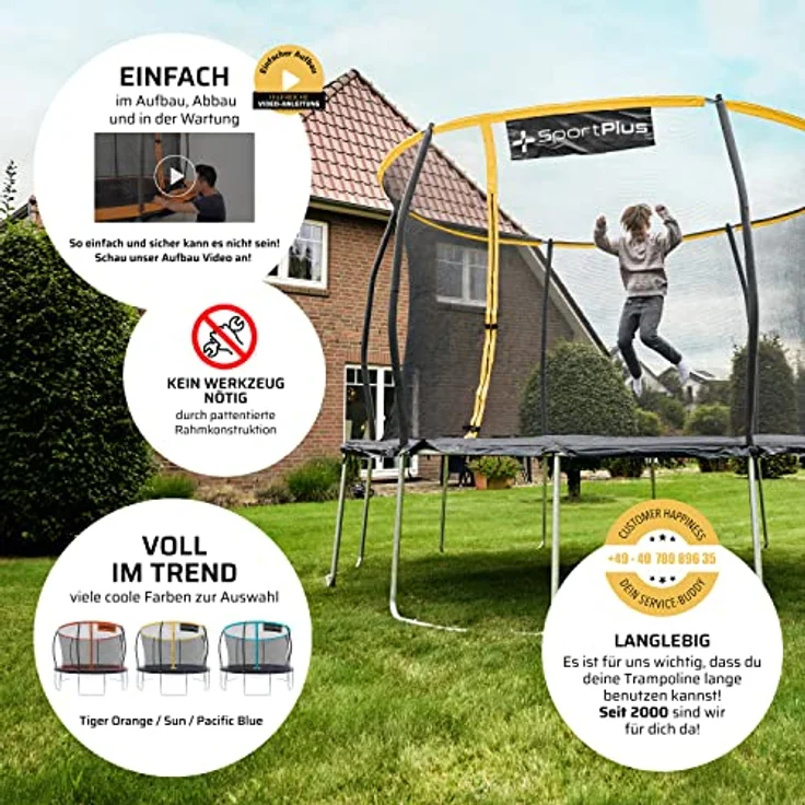 SportPlus Trampolin Ø 305 cm, Garten Trampolin mit innenliegendem Sicherheitsnetz, gepolsterten Haltestangen und TÜV-geprüfter Sicherheit – Bild 5