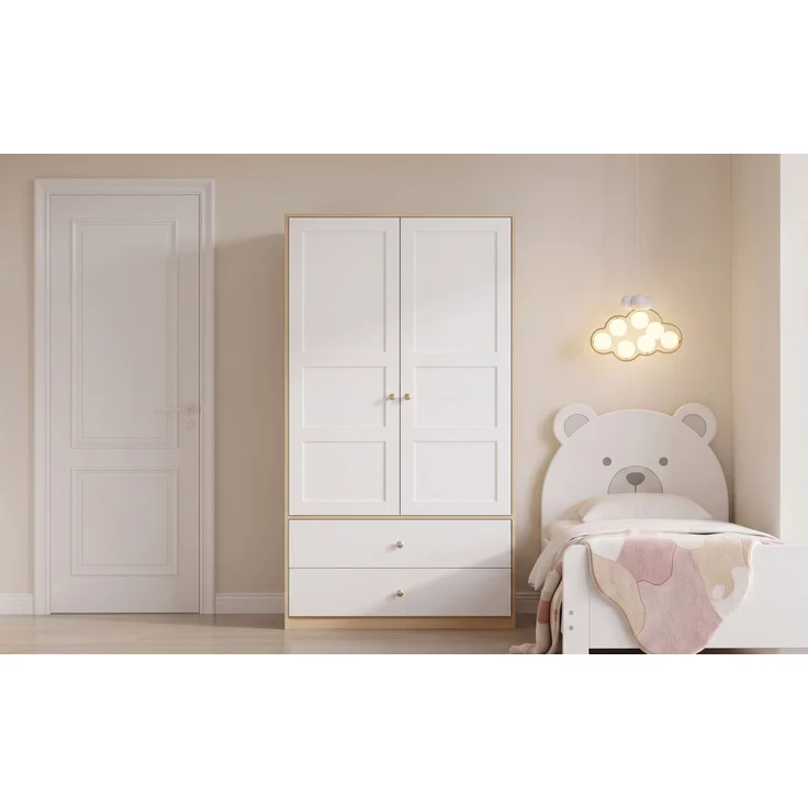 ZUBALIYA Doppeltüriger Kleiderschrank, 2-türiger Kleiderschrank, mit 2 Schubladen und Kleiderstange, Schlafzimmermöbel, Garderobenschrank, Kleiderschrank mit Kleiderstange, 100 x 48 x 180 cm,Weiß und Holzoptik – Bild 23