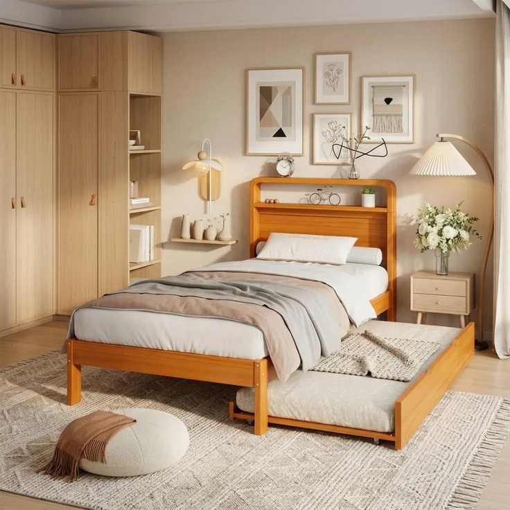 Merax Holzbett, Einzelbett, Kinderbett, 90x200 cm, mit Ausziehbett 90x190 cm, Funktionsbett mit links/rechts montierbarem Gästebett, Natur