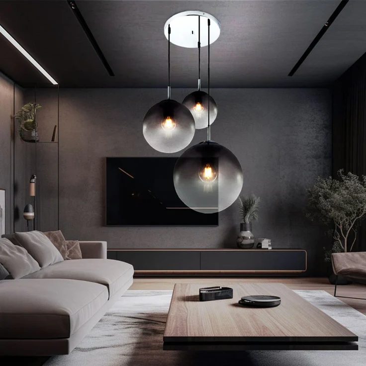 LED Hängelampe, Chrom, Glaskugeln, rauch, Höhe 120 cm – Bild 5