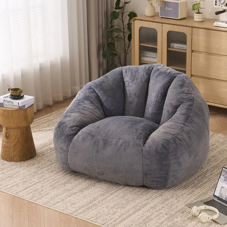 Sitzsack für Erwachsene, flauschiger Loungesessel aus Kunstfell, vakuumverpackt und montagefrei, für Wohnzimmer, Schlafzimmer, Balkon - Groß(Hellgrau)--Herde--111x123x75cm--YOUDENOVA