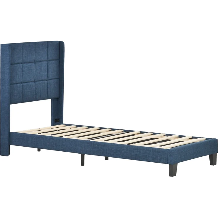 EINHOM Modernes Design Polsterbett mit Seinem Gepolstertes Kopfteil Einzelbett mit Lattenrost, 90 x 200 cm, in Blau Leinen, Mittelfest, (Mit Matratze) – Bild 6