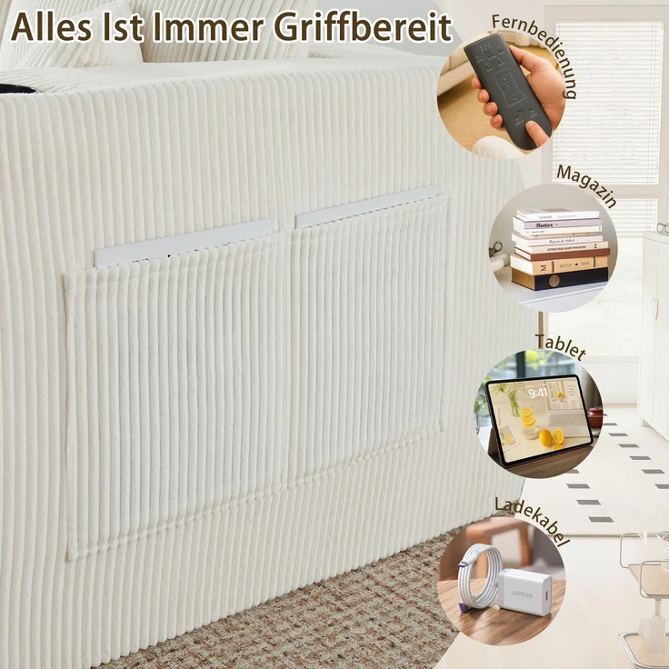 EINHOM 3-Sitzer modulares Ecksofa, komprimiertes L-Form Sofa mit beweglichen Ottomanen, weicher Cordstoff, Getränkehalter, Seitentasche und Kissen, geeignet für Wohnzimmer, Hotels und Mietwohnungen, Beige – Bild 6