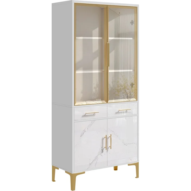 ZUBALIYA Vitrine, mit Schubladen, mit Stauraum, mit LED-Beleuchtung, mit App-Steuerung, H 170 × T 38 × B 75 cm, Weiß, MDF / Spanplatte – Bild 15