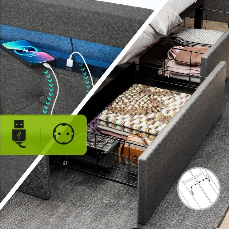 oyajia Polsterbett LED Doppelbett 140x200cm, Stauraumbett mit Kopfteil und 4 Schubladen (Leinenmaterial Polsterbett mit RGB Beleuchtung), mit Lattenrost und Ladefunktion, mit Komforthöhe, Leises Design Bett – Bild 3