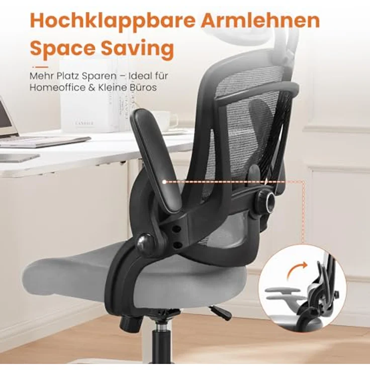 Sweetcrispy Ergonomischer Bürostuhl, Schreibtischstuhl Ergonomisch, Atmungsaktiver Netzstuhl mit Verstellbarer Kopfstütze, Armlehnen, Höhenverstellbarer Lendenwirbelstütze, für Homeoffice, Grau – Bild 9