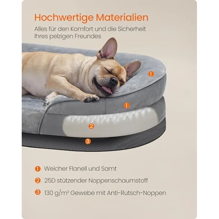 Feandrea Hundebett, Hundekissen, für mittelgroße Hunde, 76 x 51 x 18 cm, orthopädisch, wasserdichte Innenschicht, erhöhte Ränder, Abnehmbarer, waschbarer Bezug, rutschfest, hellgrau PGW281G01 – Bild 8
