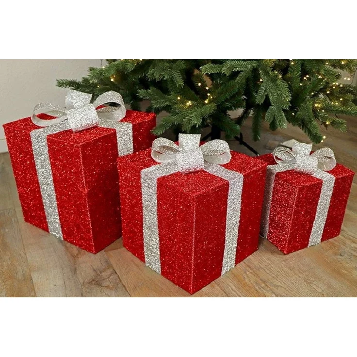 Gartenpirat LED Dekofigur Geschenkboxen mit Schleife 3er-Set Weihnachtsdeko außen innen Timer, Warmweiß/Rot, Timer-und Schalter-Funktion: Schalter mit 3 Funktionen (ON/OFF/TIMER) – Bild 2