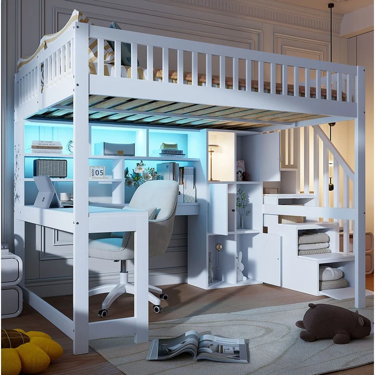 CHICFURN Hochbett aus Kiefernholz, MDF und Sperrholz Weiß 140x200 cm mit LED-Beleuchtung und Ablageleiter – Bild 3