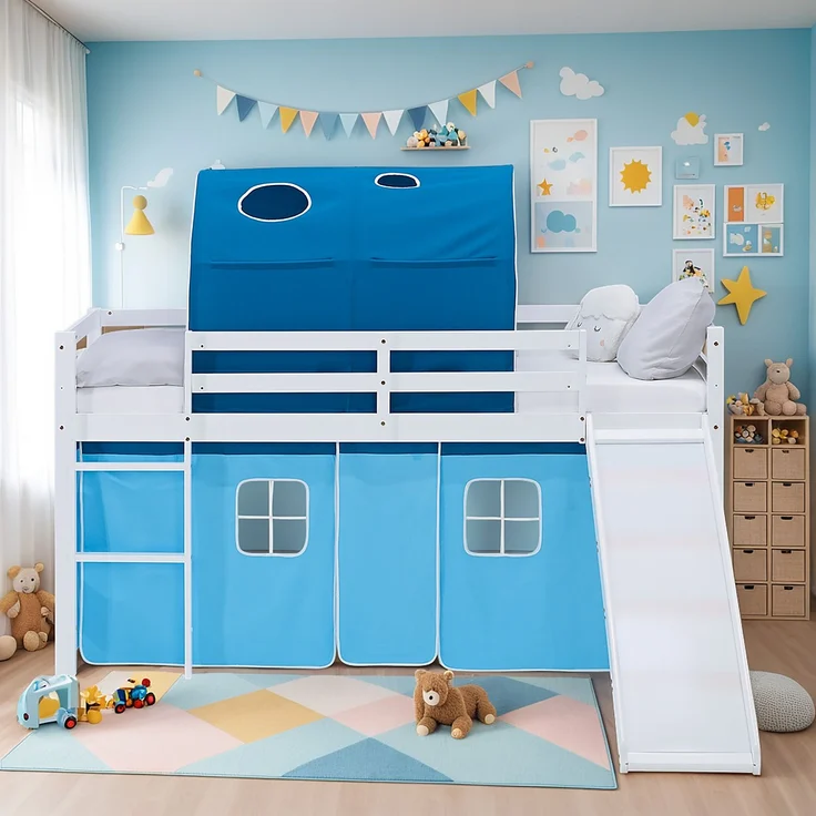 Hochbett Kinder 90x200 cm mit Rutsche Kinderbett Kinderhochbett Stockbett Vorhang Tunnel Blau Holz Massiv – Bild 8