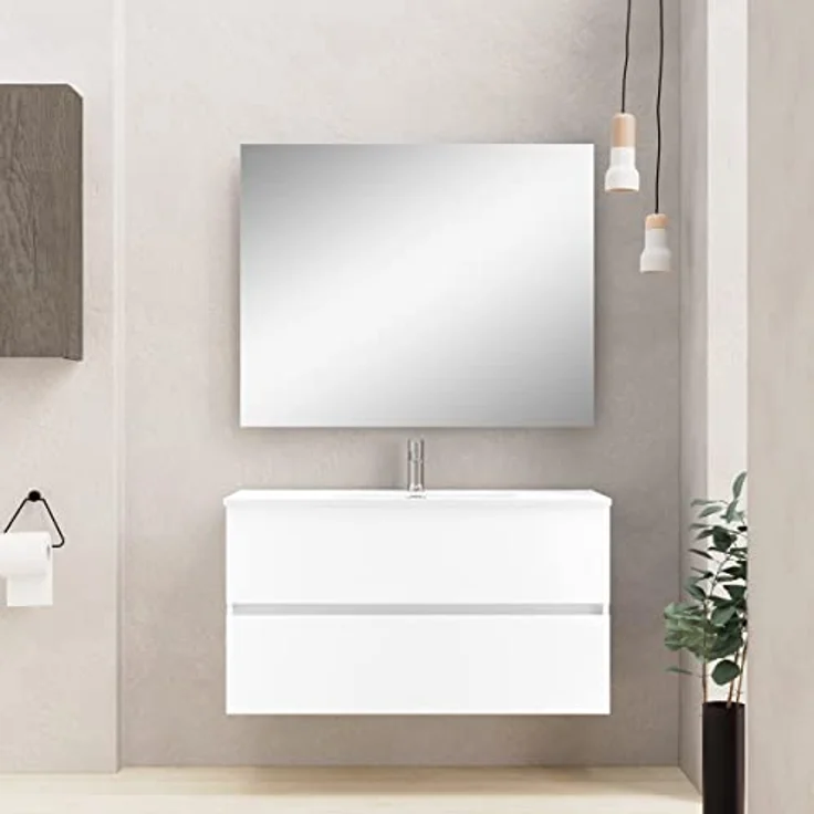 Baikal Badezimmerschrank, Zwei Schubladen, Wandmontage, mit Waschbecken, Melamin 16, montiert, Möbel 90 cm, Weiß, ohne Spiegel – Bild 3