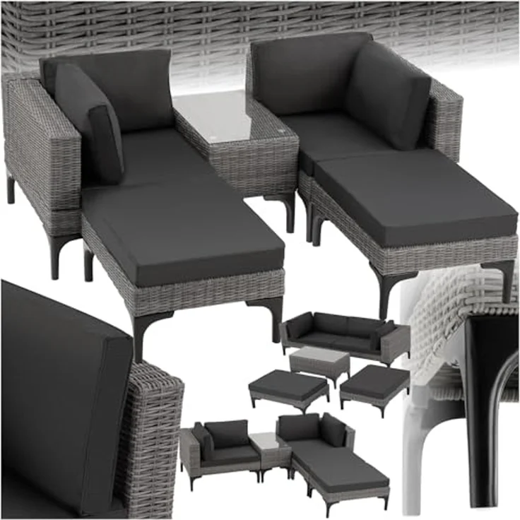 tectake Loungeset Rattan Lounge, (Set, 5-tlg), Stabiles Gestell aus leichtem und rostfreiem Aluminium – Bild 1