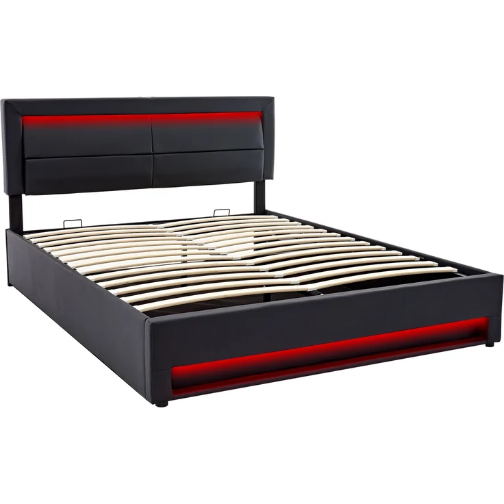 Merax Polsterbett, Doppelbett, 140x190 cm, mit USB-Anschluss (unterstützt kabelloses und kabelgebundenes Laden), LED-Beleuchtung und Stauraum, PU, schwarz – Bild 8