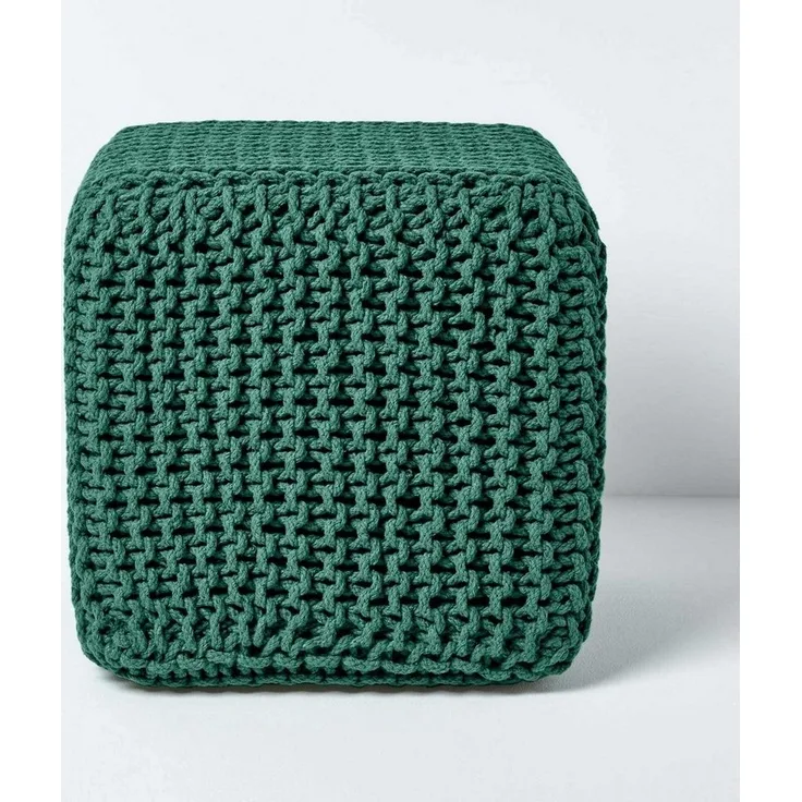 Homescapes Pouf Gestrickter Sitzwürfel 100% Baumwolle, tannengrün