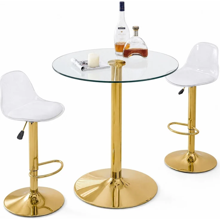 Bartisch-Set mit 2 Hockern, Glastisch Ø 89 cm, höhenverstellbare und drehbare Hocker – Bild 6