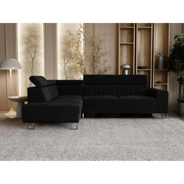 GrainGold Ecksofa mit Schlaffunktion und Bettkasten BERONA L - 255x190 cm, Schwarz, verstellbare Kopfstützen, Samt – Bild 2