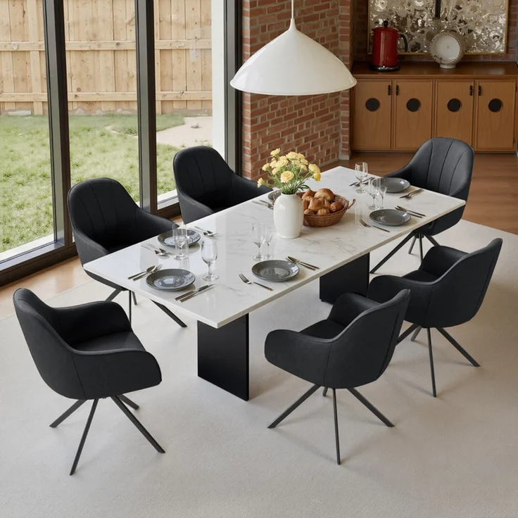 Hawthyhome 4-Fußstuhl Esszimmerstuhl drehbar mit Armlehne, 360° Drehfunktion, ergonomische Sitzschale, Kunstlederbezug, stabiles schwarzes Metallgestell, moderner Küchenstuhl für Esszimmer, Wohnzimmer, Büro & Homeoffice, Schwarz – Bild 6