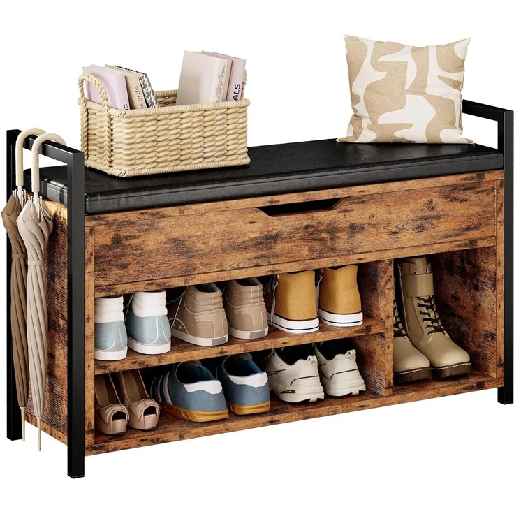 IRONCK Schuhbank mit Sitzfläche, Sitzbank mit Stauraum, Schuhschrank,100 x 30 x 62 cm, 3 offene Fächer, Kunstleder, 130kg belastbar, Schuhregal für Eingang,Flur,Wohnzimmer,Schlafzimmer (Vintagebraun) – Bild 1
