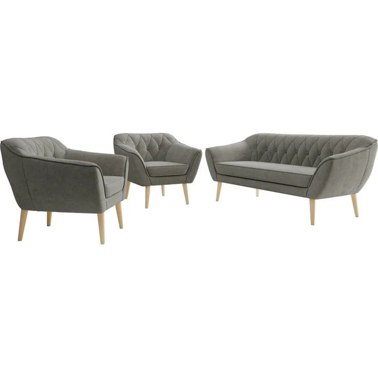 Wohnzimmerset PIRS 1-1-3, Skandinavisches 3-Sitzer Sofa mit Sesseln, Sofa mit Wellenfederung, Buche Füße, Skandinavisches Möbelset - Grau Stukture – Bild 7