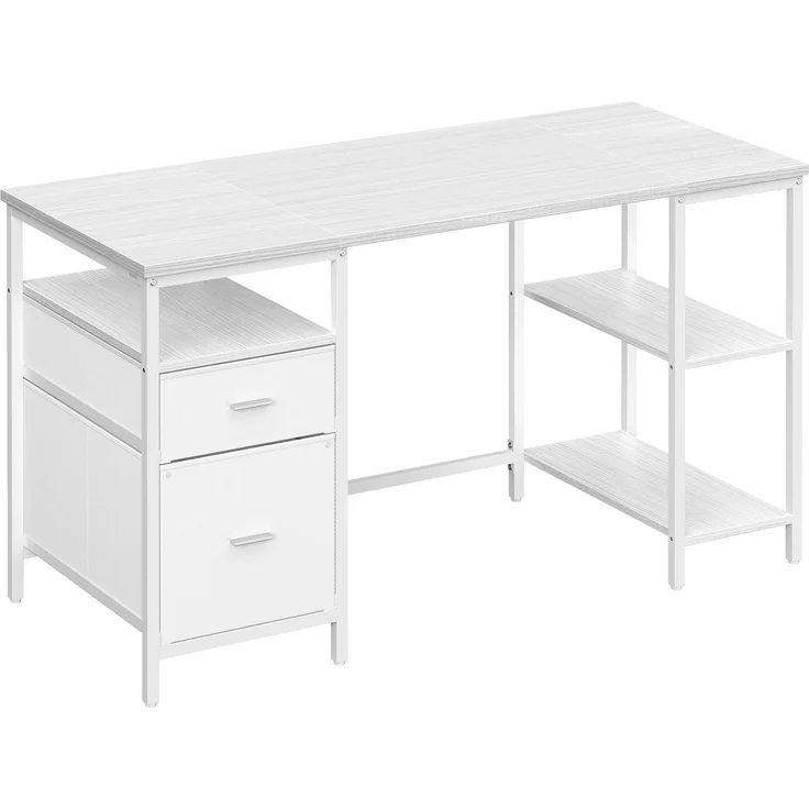 VASAGLE Computertisch, Bürotisch, Schreibtisch, mit 3 Ablagen, 2 Schubladen, 140 x 60 x 76 cm, fürs Büro, Wohnzimmer, moderner Stil, ahornweiß-wolkenweiß LWD104WF01