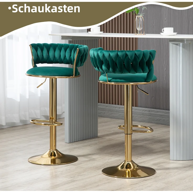 LVHOM Barhocker 2er Set, goldene Stuhlbeine, moderne Samt-Hochstuhl/Barstühle, mit runden Rückenlehne & Fußstütze, 360° drehbar, Höhenverstellbar – Bild 2
