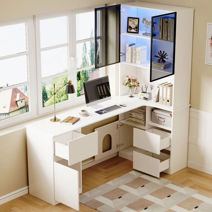 Flieks Eckschreibtisch mit LED-Vitrine & Regal 120×80×180 cm, Computertisch mit 3 Schubladen, 2 Türen, Haustierfach, Rechte Ecke, Weiß – Bild 3
