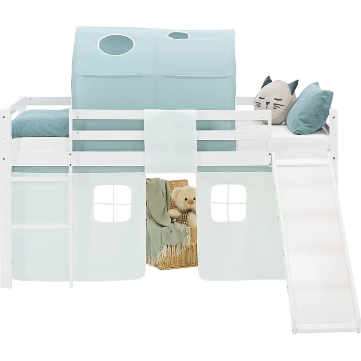 Hochbett Kinder 90x200 cm mit Rutsche Lattenrost Kinderbett Stockbett Vorhang Tunnel Grün Mintgrün Holz Massiv – Bild 4