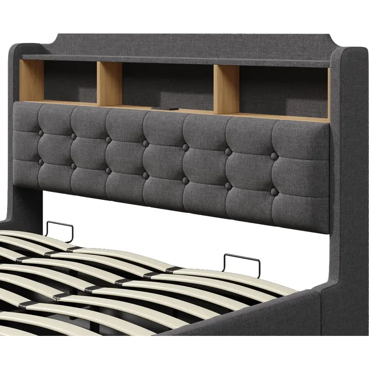 Polsterbett mit LED-Streifen, Type-C, USB und Stauraum, in schwebender Optik, gepolsterter Kopfteil, 180x200 cm, Doppelbett, Stauraumbett, Leinen – Bild 9