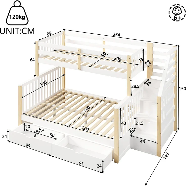 Merax Etagenbett, Hochbett, 90 x 200cm & 140 x 200cm mit Schubladen, Stauraum, ohne Matratze, multifunktional, Weiß+Natur – Bild 4