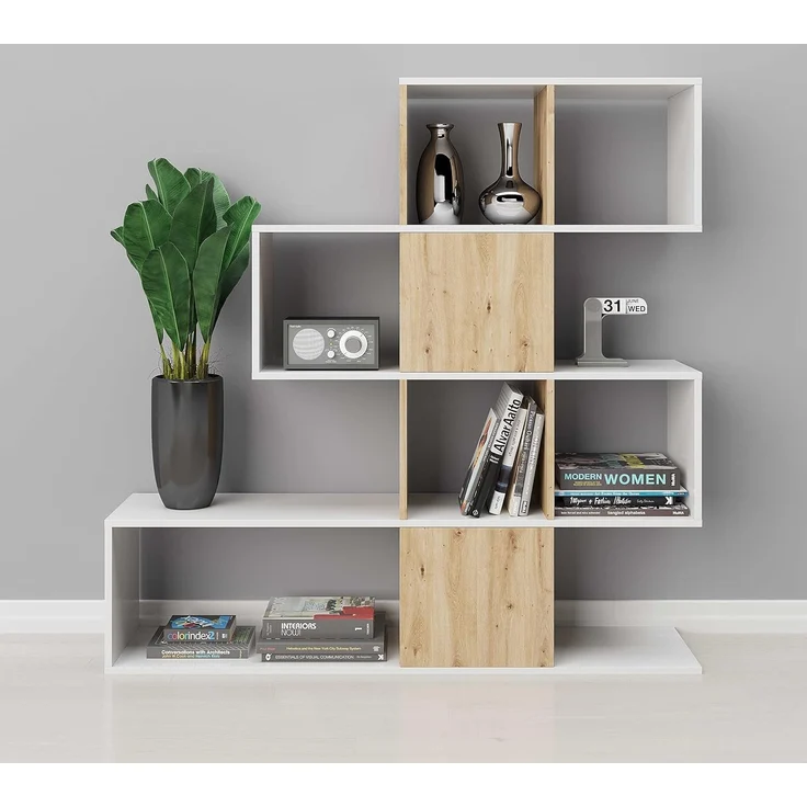 STACCATO - Raumteiler, Bücherregal mit 4 Böden, Weiß mit Holzdekor – Bild 2