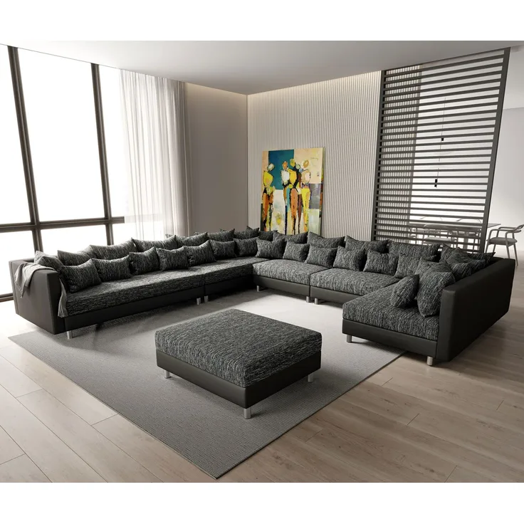 Wohnlandschaft Clovis XXL Schwarz Hocker Ottomane Links modular