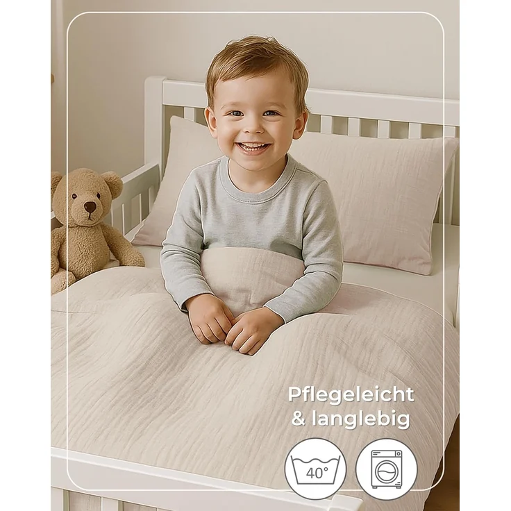 Laynenburg Kinderbettwäsche Musselin 2 teilig aus 100% Baumwolle in 100x135 cm + 40x60 cm, atmungsaktiv & bügelfrei – 3 lagig mit Reißverschluss & Haltebändern – Bild 7