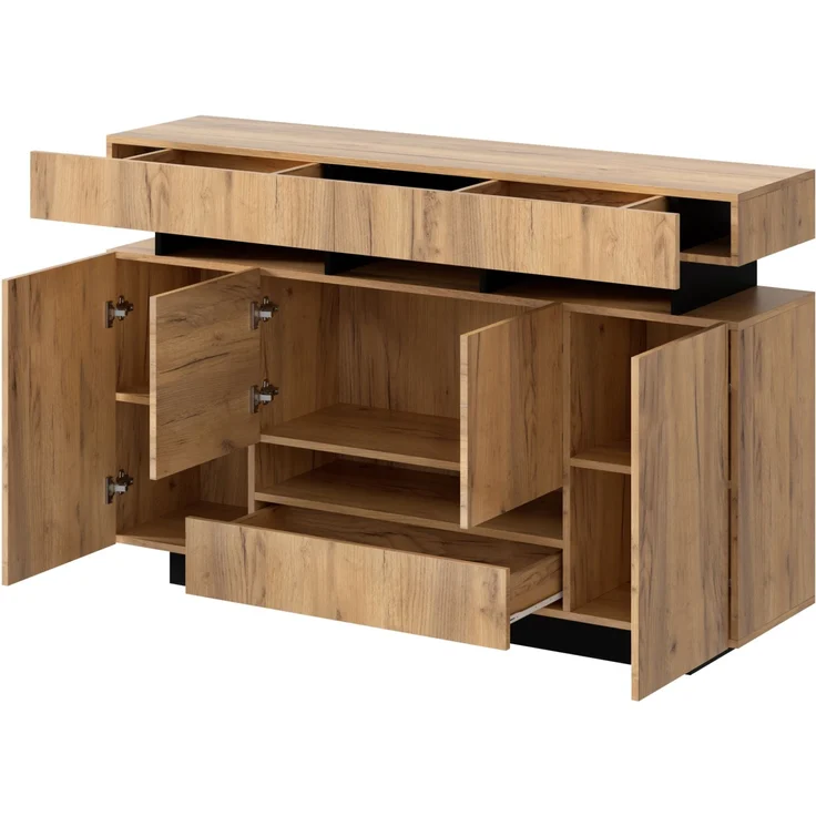 Sideboard 140 x 35 x 90 cm mit 4 Türen, 3 Schubladen und RGB-Beleuchtung – Natur/Schwarz – Bild 10