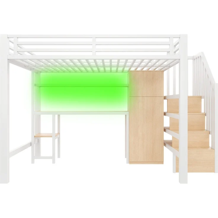 Hochbett mit RGB LED-Streifen, Schreibtisch, Treppe, Regal, Lattenrost und Kleiderschrank, 140x200 cm, Kinderbett mit Rausfallschutz, Metallbett – Bild 8
