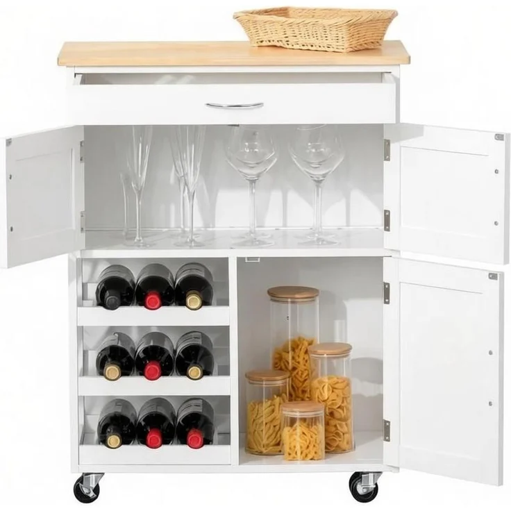 Küchenwagen mit Schublade, Schränken und Flaschenhalter, 67x37x87 cm, Weiß – Bild 3