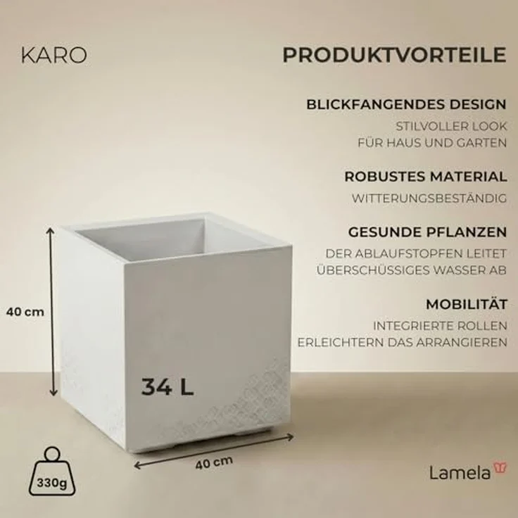 LAMELA Pflanzkübel mit Rollen 40 cm, 36L – Blumentopf aus Kunststoff in Betonoptik – Übertopf mit Wasserablauf – Modern für Innen & Außen - Wetterfest & Pflegeleicht, Creme – Bild 3