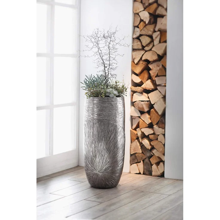 Übertopf "Edelglanz" silber, 72 cm hoch, aus Kunststein, Pflanzkübel, Blumensäule, Blumenübertopf, Pflanzgefäß für Drinnen & Draußen, Gartendeko – Bild 2