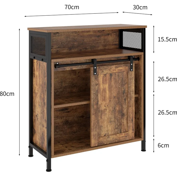 SogesHome Buffets Sideschrank Küchenschrank mit Schiebetür Sideboard mit 3 offenen Fächern für Aufbewahrung für Küchen Wohnzimmer Vintagebraun 70 x 30 x 80 cm – Bild 2