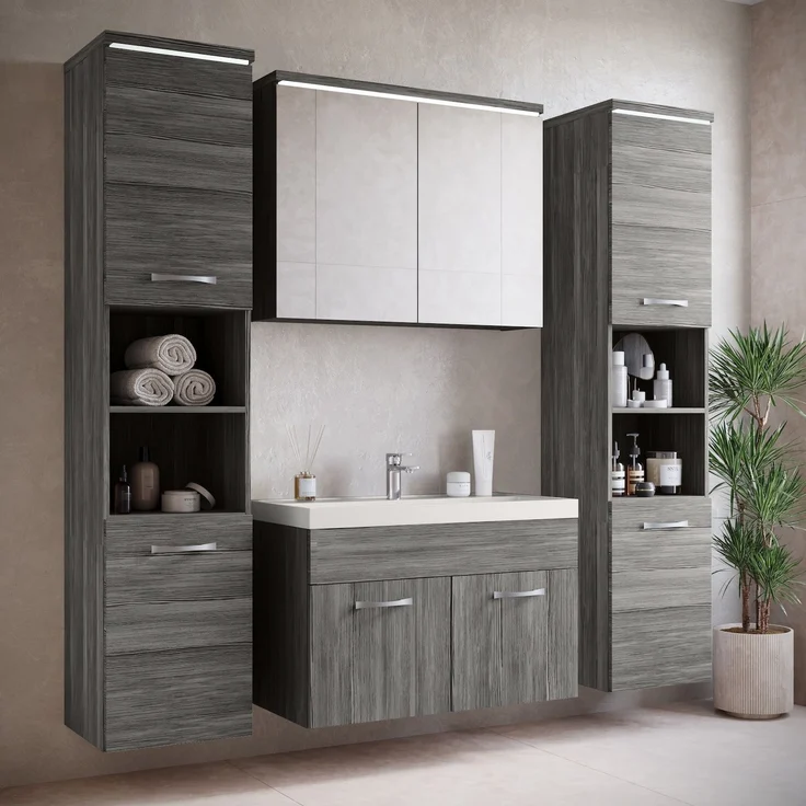 Badplaats Badezimmerschrank Paso 35 x 35 x 160 cm Grau Eiche - Hoch Badschrank Mit 2 Türen – Bild 3