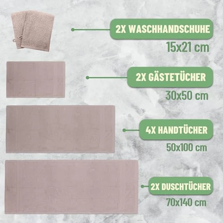 Green Mark Handtuch-Set mit 10 Teilen – 100% Baumwolle – 4 Handtücher 50×100 cm, 2 große Duschtücher 70×140 cm, 2 Gästetücher 30×50 cm und 2 Waschhandschuhe – Sand/Beige – Bild 3