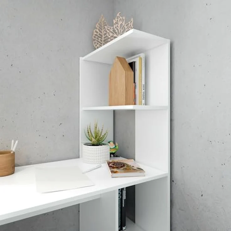Dmora - Pittston-Schreibtisch, linearer Schreibtisch mit Bücherregal, platzsparender Mehrzweck-Bürotisch, 110x52h136 cm, Weiß – Bild 5