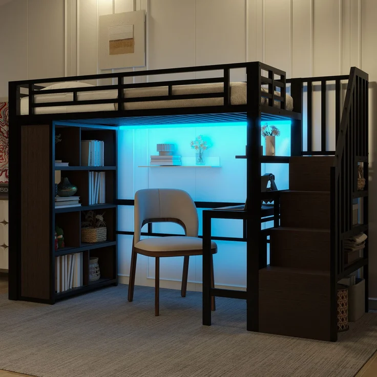 Hochbett, 90x200 cm, Eisenrahmen, mit Schreibtisch, Ablagefach, LED-Lichtleiste, Treppenkonstruktionen mit Stauraum, ohne Matratze, schwarz – Bild 1